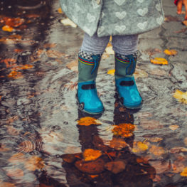 Thanksgiving break: small girl's feet in puddle with leaves