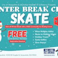 Free ice skating at Sno-King Ice Arena - Snoqualmie December 15, 2 - 4 pm.