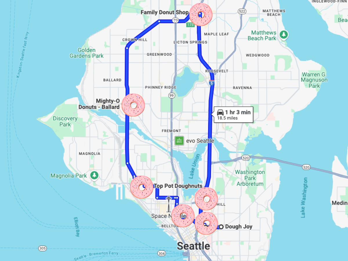 Google maps image of the greater Seattle area, with a route traced in the shape of a circle from Capitol Hill, up to Northgate, southwest to Ballard, and finishing back at Queen Anne. Pink donut graphics dot the path indicating the stops along the trail.